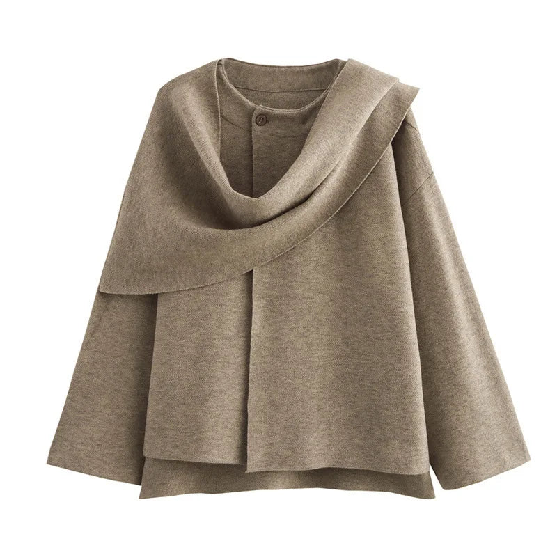 Women Asymmetric Scarf Short Knitted Jacket | Thick Sand