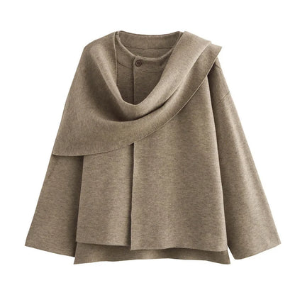 Women Asymmetric Scarf Short Knitted Jacket | Thick Sand