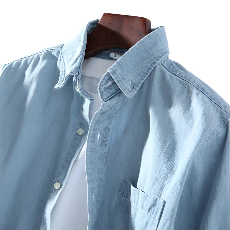 Men Denim Shirt | Long Sleeve Shirt | Lapel Pocket | Daily Casual Pure Cotton Shirt