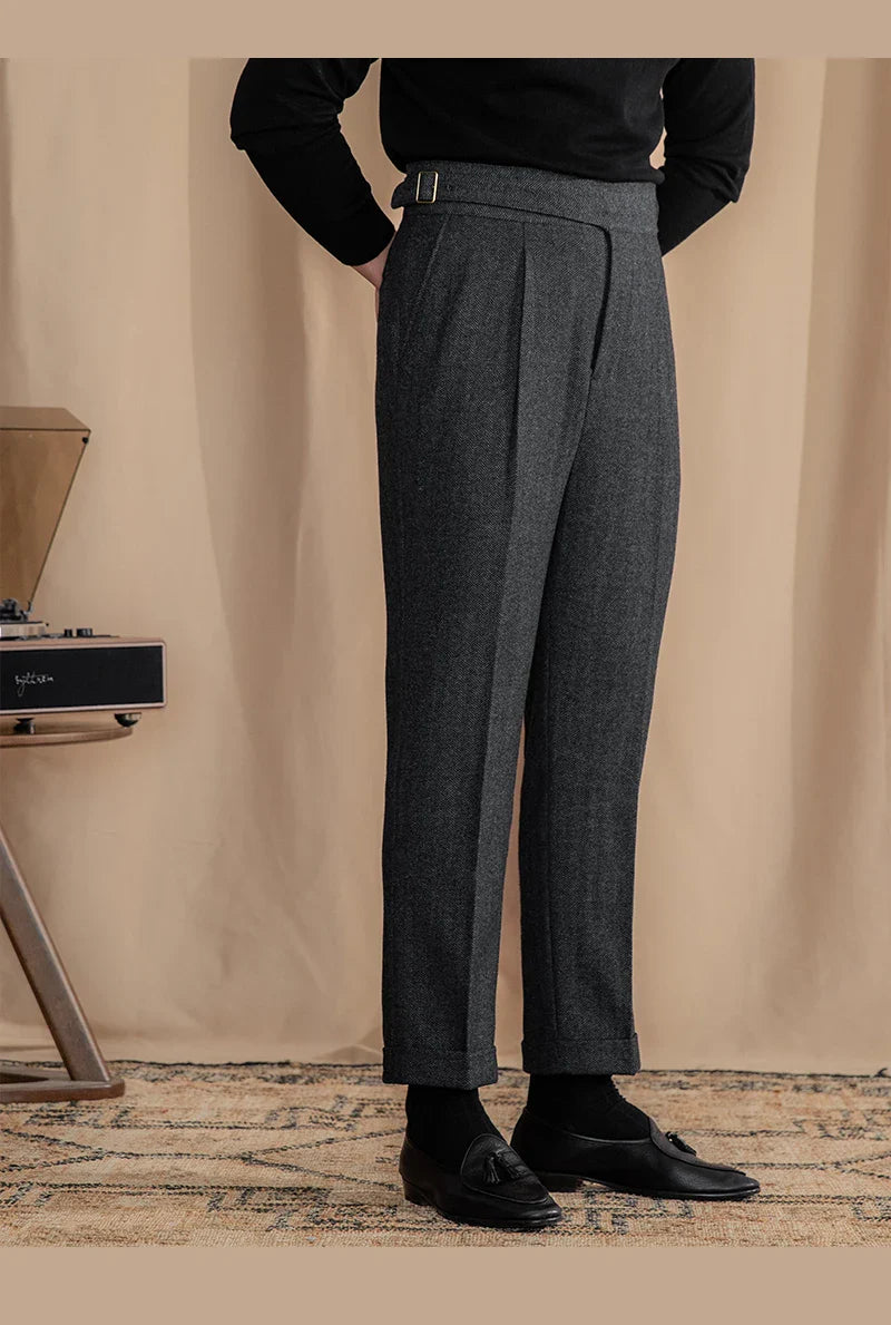 Men Vintage Wool Herringbone Pattern Pants | Casual | British | Warm | High Waist | Straight Pants