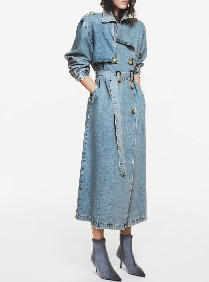 Women Vintage Denim Long Coat | Double Breasted | Winter Long Coat