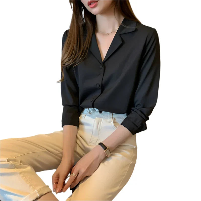 Women Button Down Blouse Shirt | Office Wear Long Sleeve Top Black