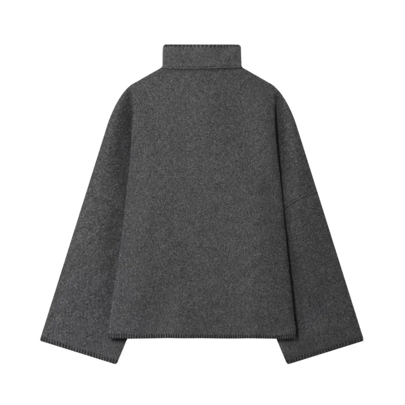 Women Short Jacket | Wide Shoulder | Vintage High Neck | Long Sleeve | Cape Coat
