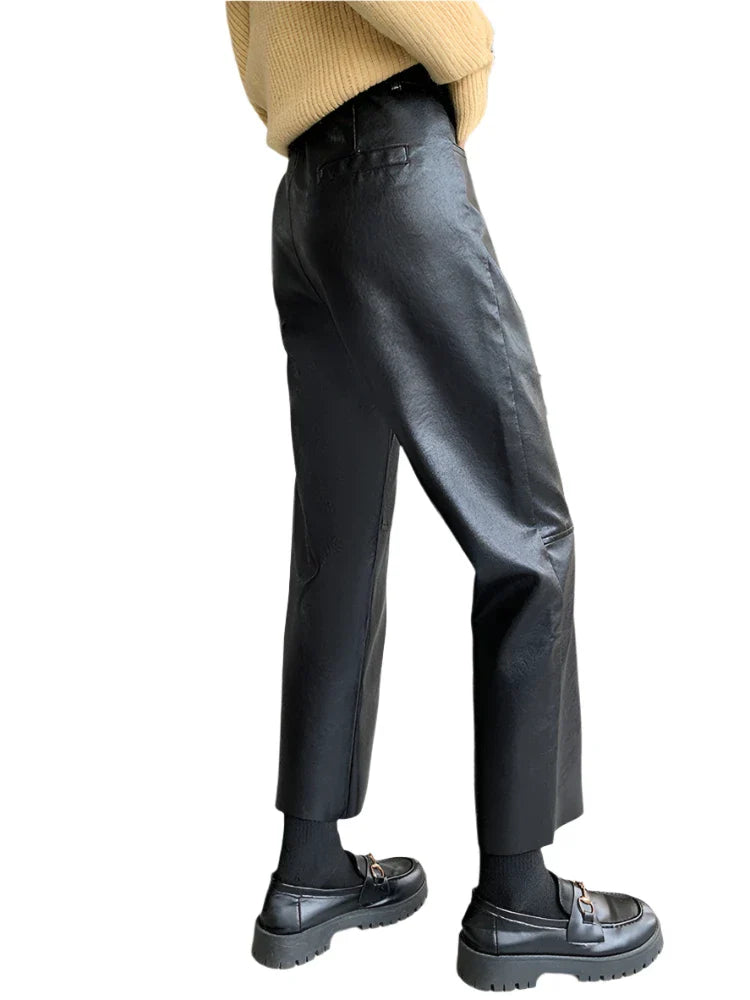 Women Wide Leg High Waist Leather Pants | Casual Loose Ankle Length Trousers