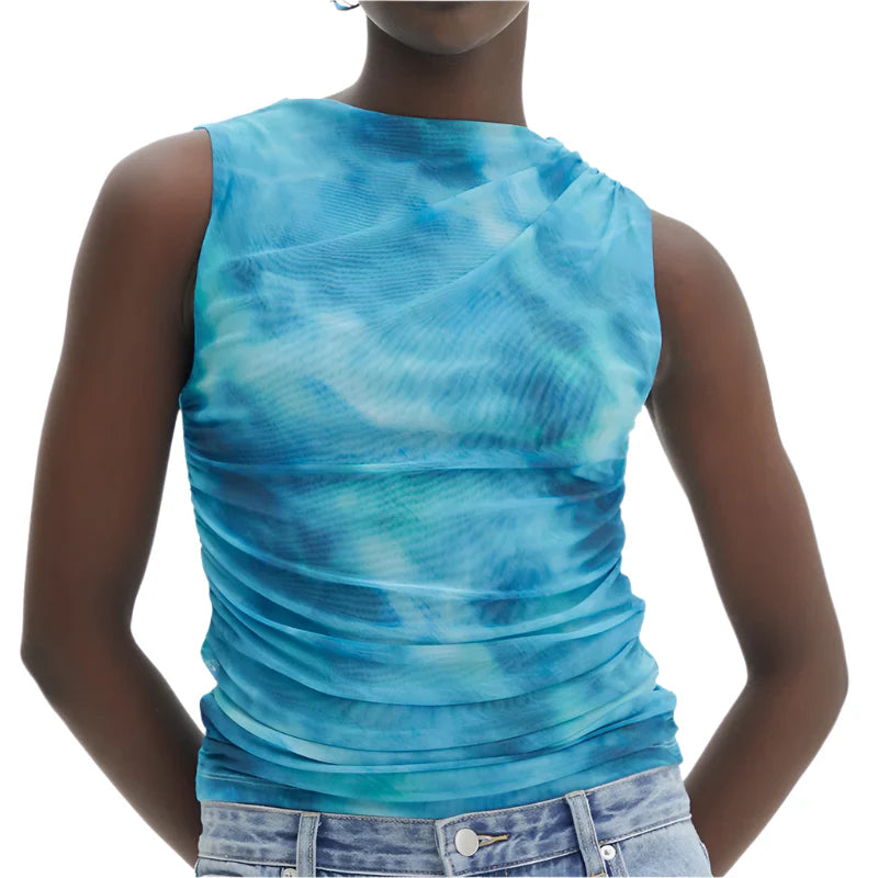 Women Casual Sleeveless Round Neck Chiffon Blouse | Chic Shirt Blouse | Summer Fitted Top Blue