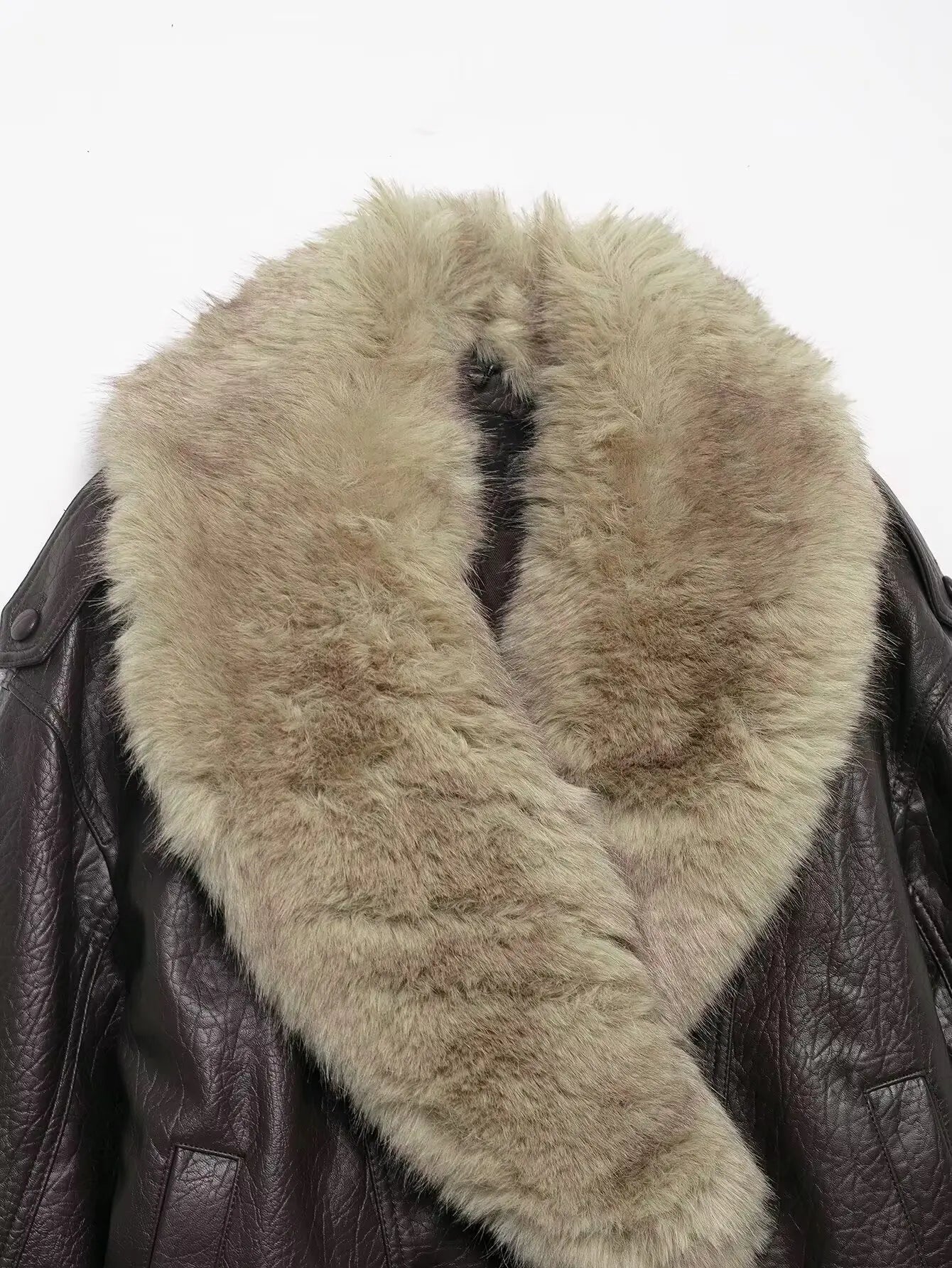 Women Winter Loose Leather Fur Jacket | Big Fur Collar | Casual Coat | Double Breasted