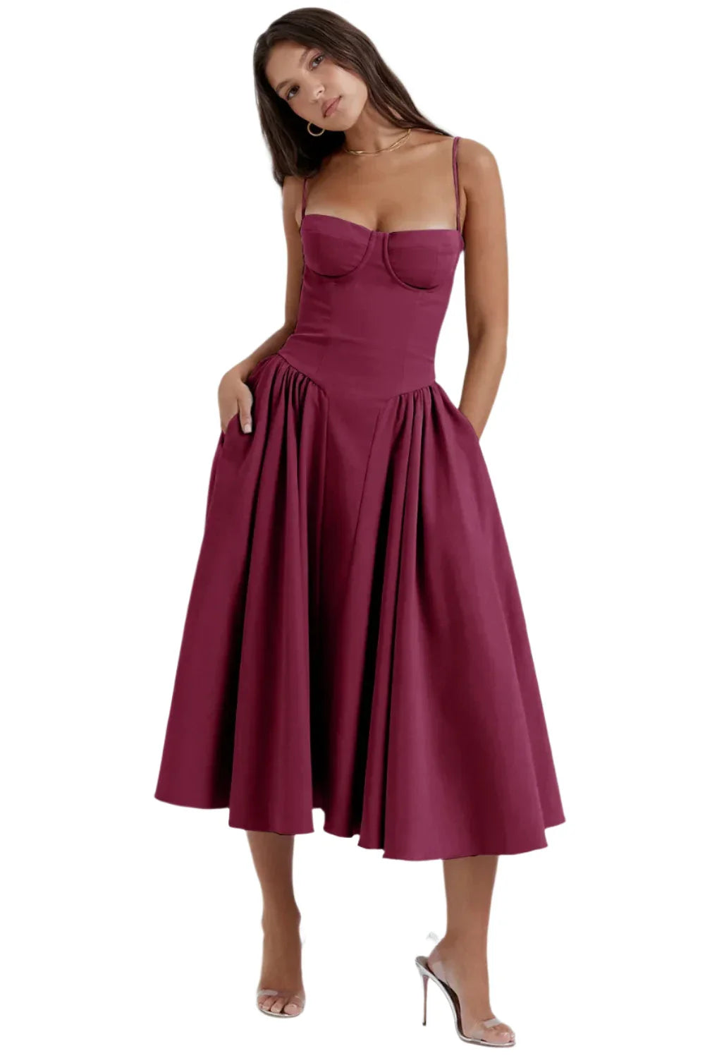 Women Pleated Sling Summer Dress Plum Red