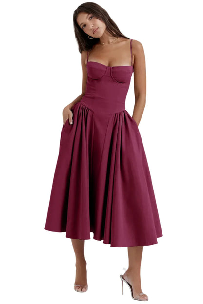 Women Pleated Sling Summer Dress Plum Red