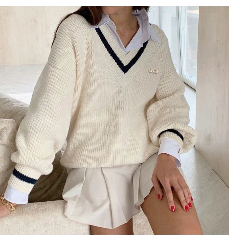 Women Loose Sweater | Autumn | Knitted Pullover | Long Sleeve | V-Neck Knitted Sweater