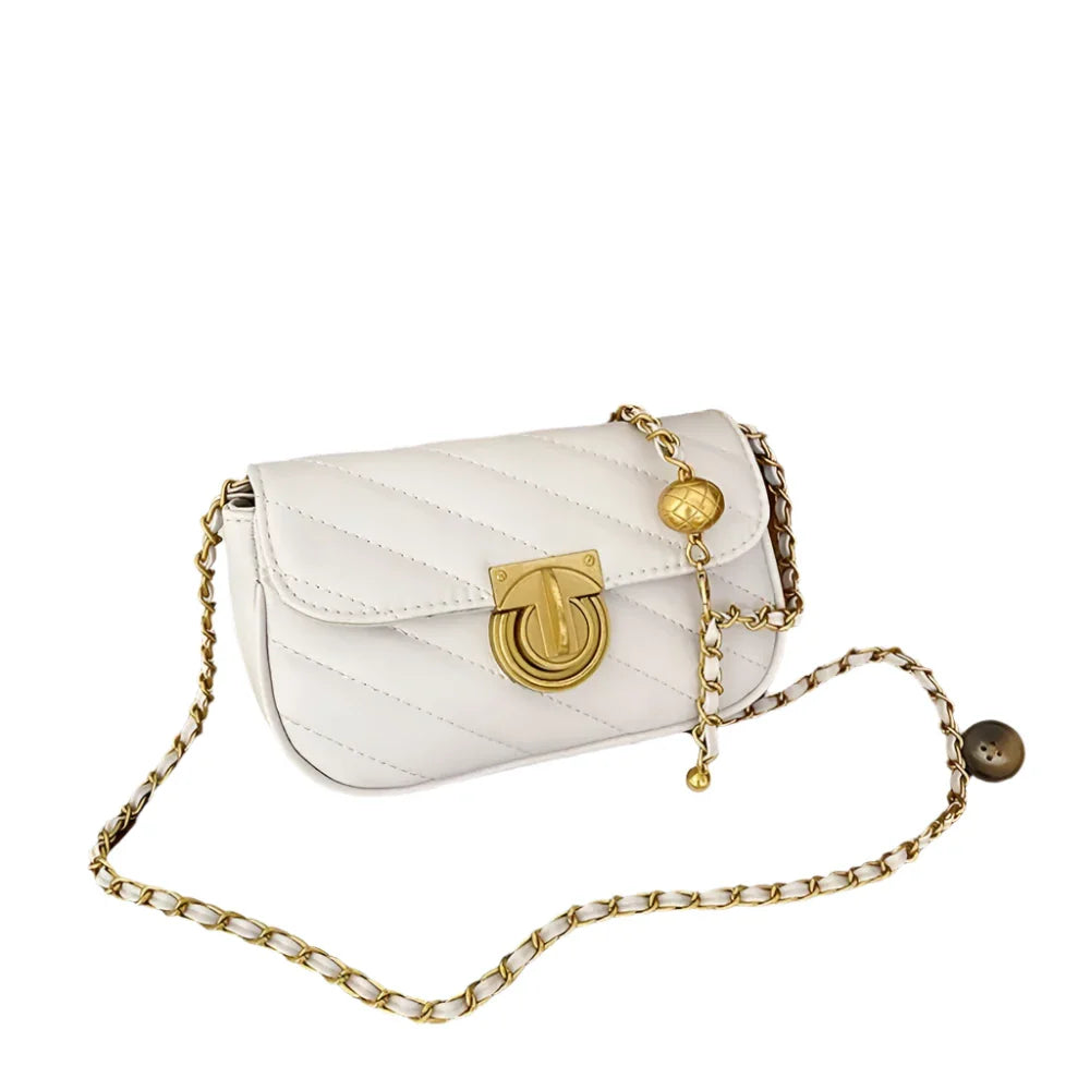 Women Lock Chain Small Shoulder Bag | Rhombic Lattice Pattern Bag WHITE