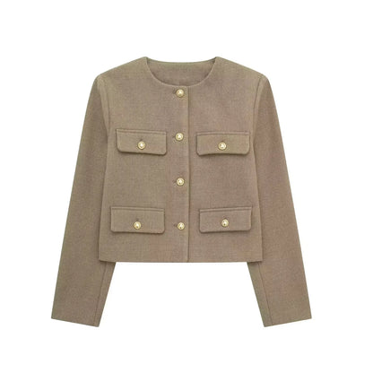 Women Bomber Cropped Jacket Khaki