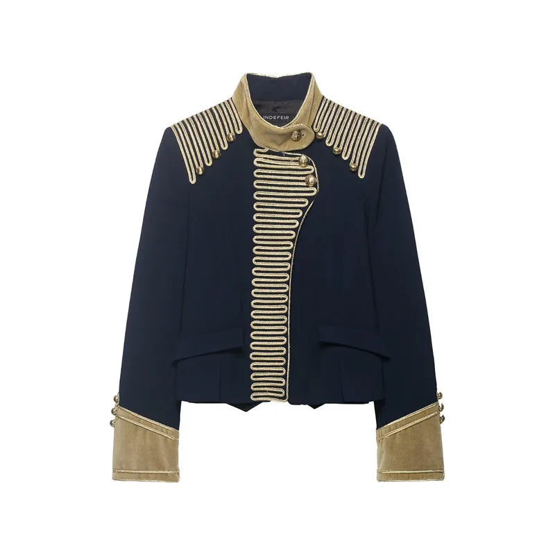 Women Cropped Jacket | Rope Knot Buttons | Stand Collar | Long Sleeve | Spring Jacket | Napoleon Jacket