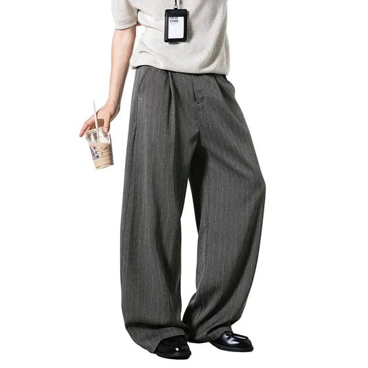 Men Classic Striped Pleated Wide Leg Trousers | Baggy | Straight | Dress Pants | Business