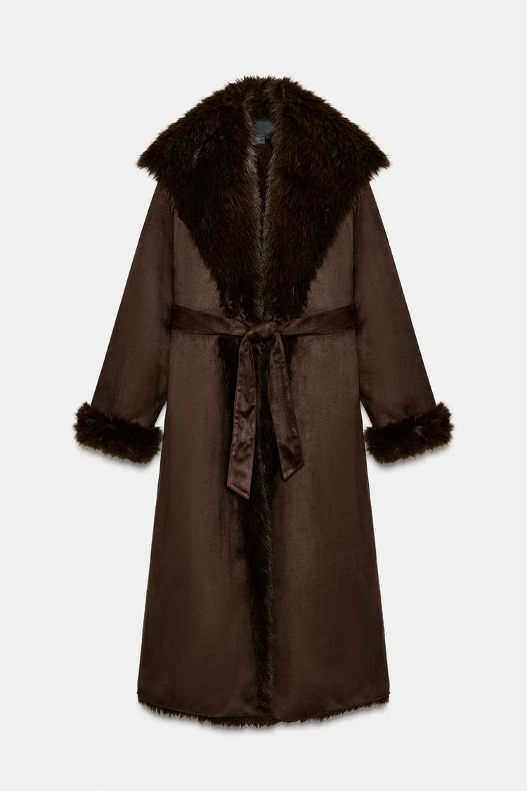 Women Winter Long Coat | Fur Collar | Belted | Mid-Length