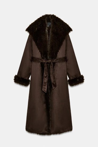 Women Winter Long Coat | Fur Collar | Belted | Mid-Length