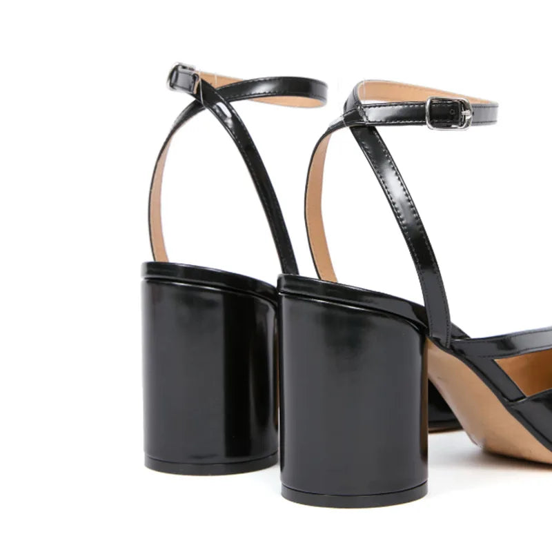 Women Patent Leather Cross Strap Tabi Sandals | Slingbacks Split Toe | Thick High Heels | Chunky Shoe Sandals