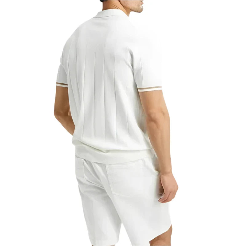 Men Summer Lapel Zipper Polo Top | Business Casual | Vertical Lines Solid Color Polo