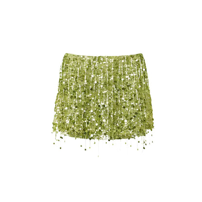 Women Summer Tassel Top With Mini Skirt Set | Sequin Crop Top | Backless | Beach Holiday green Skirt