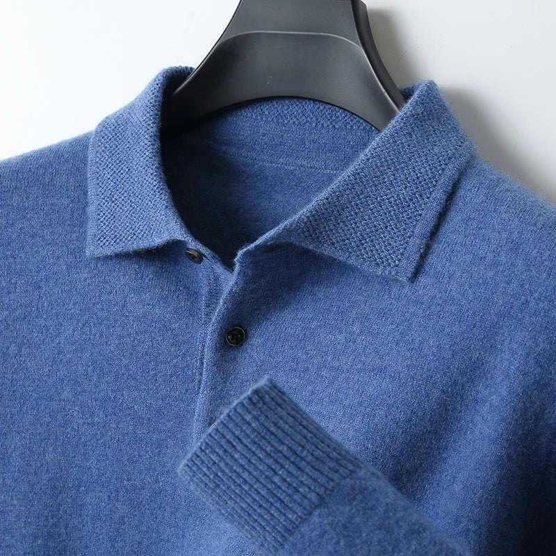 Men Merino Wool Polo Pullover | Knit Warm Top | Winter Polo Collar T-shirt Noble blue