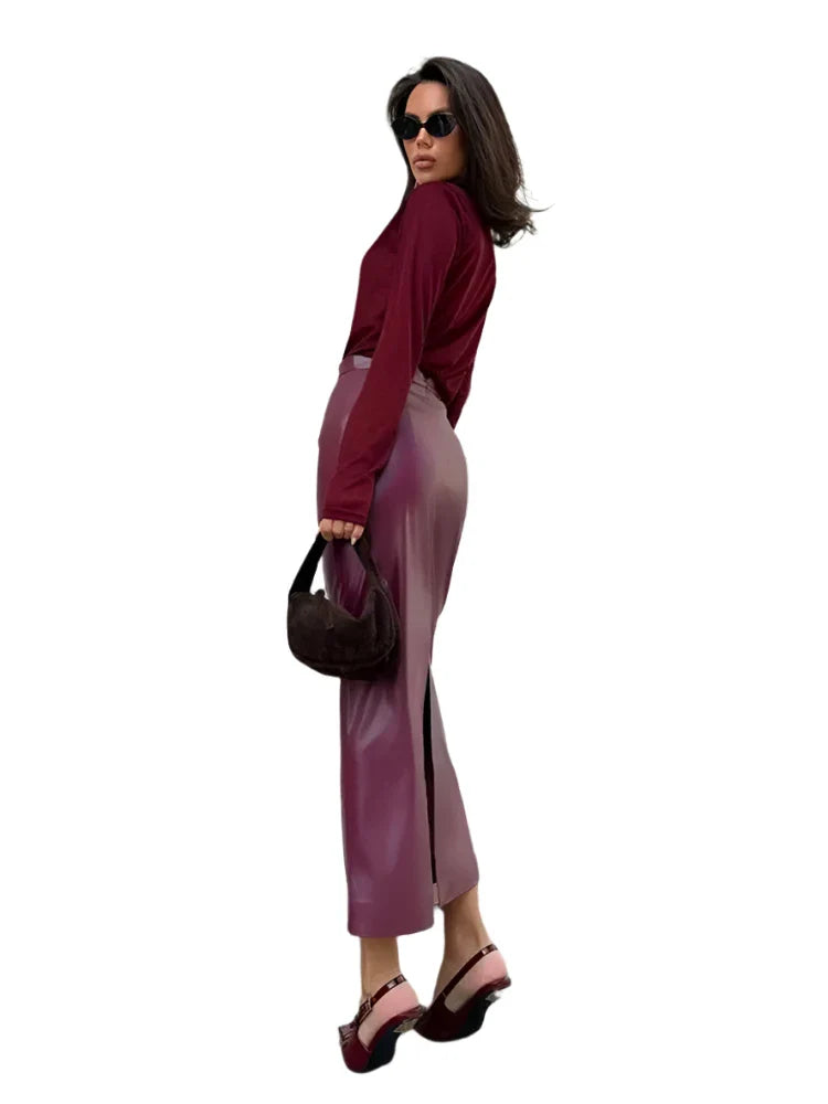 Women Burgundy Leather Long Skirt