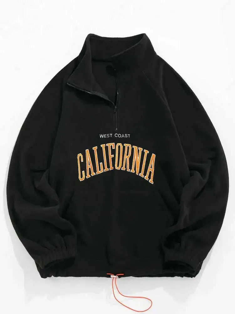 Unisex Vintage Fleece Sweatshirt | Turtleneck Hoodie Embroidered Pullover Black