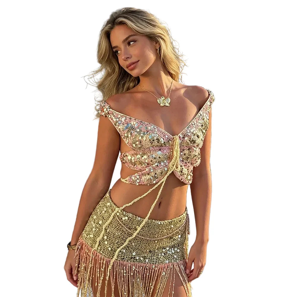 Women Knitted Butterfly Crop Top | Off Shoulder | Sequin Tie-Up Top | Backless