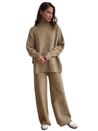 Women Knitted Turtleneck Sweater and High Waisted Trousers Set | Winter Casual Knitwear Camel