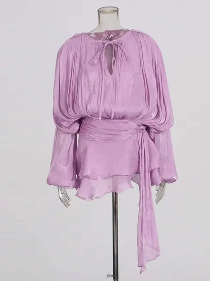 Women Flowy Mini Dress | V Neck | Long Sleeve | Spliced | Lace Up | Blouse Dress Purple