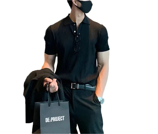Men Retro Ribbed Polo Shirt | Knitted Short Sleeve Solid Polo T-shirt | Striped Knitwear