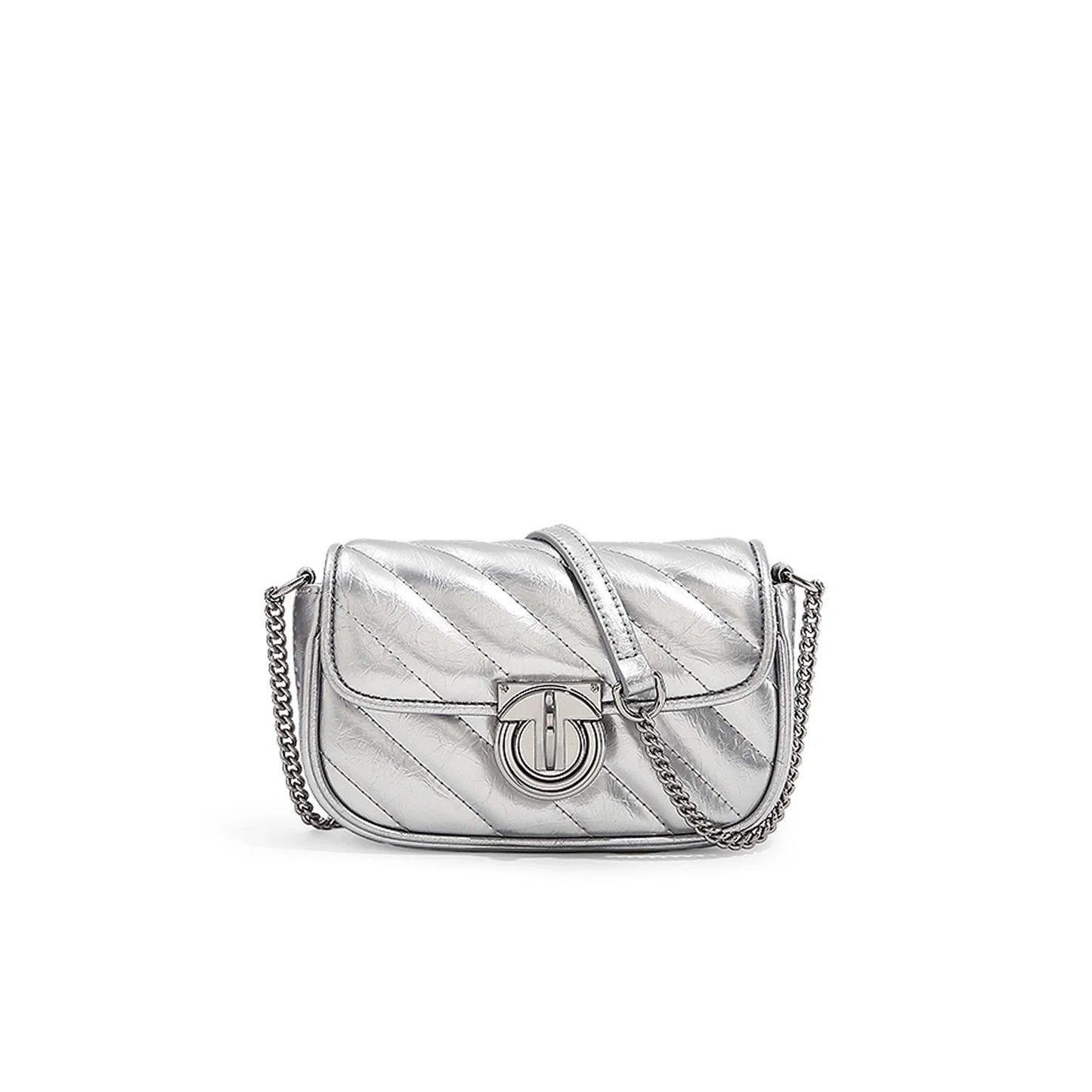 Women Leather Mini Quilted Crossbody Bag Silver