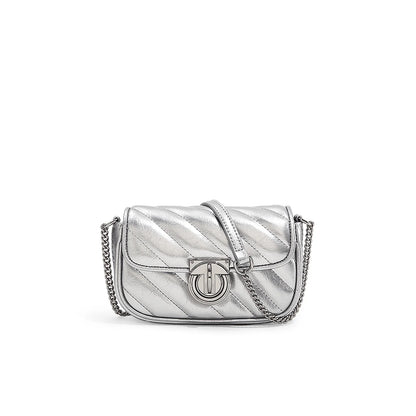 Women Leather Mini Quilted Crossbody Bag Silver