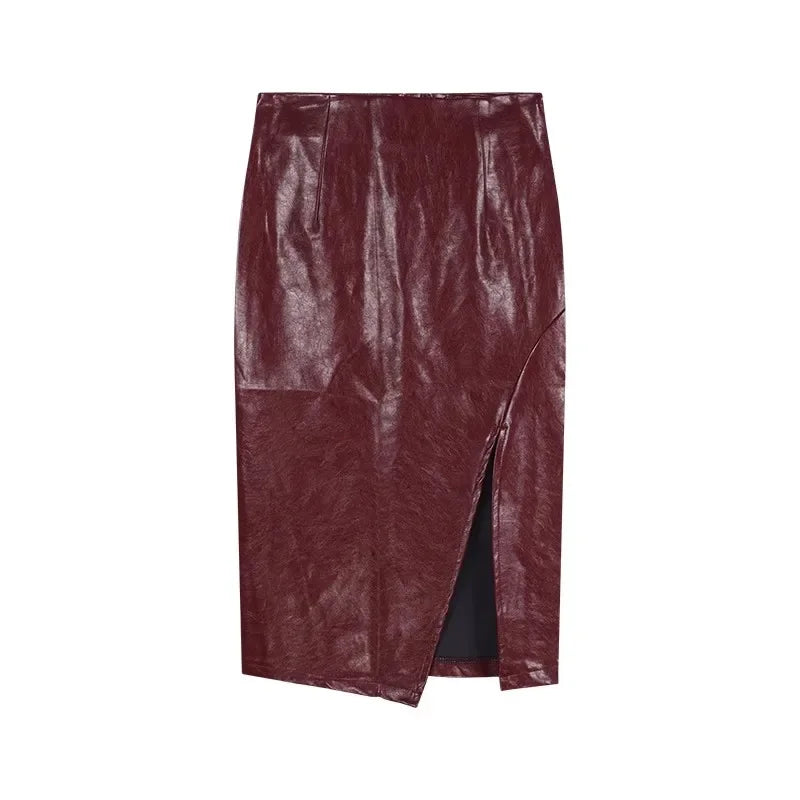 Women Burgundy Two-Piece Suit | Long Sleeve T-Shirt and High Waist Leather Skirt Skirt