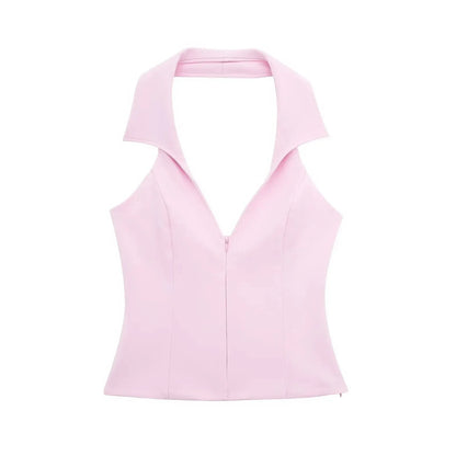 Women Pink 2 Piece Set | V-Neck Backless Top | High Waist Mini Skirt Shorts Pink Top