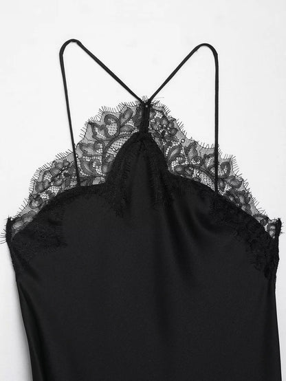 Women Lace Spliced Sling Dress | Sleeveless | Backless | Asymmetrical | Holiday | Party Wear
