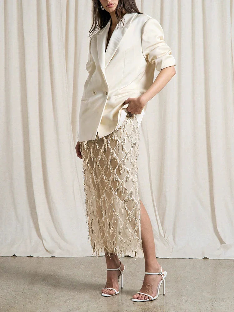 Women Sequin Fringe Maxi Skirt | Midi Mesh Pencil Skirt