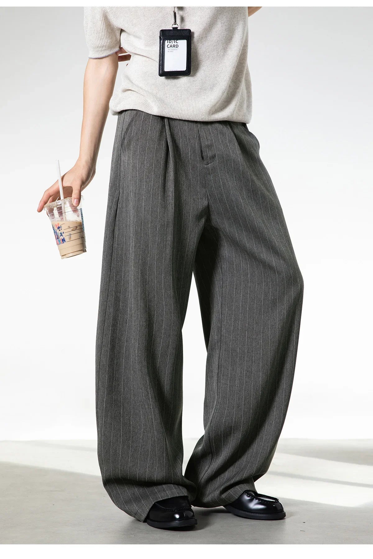 Men Classic Striped Pleated Wide Leg Trousers | Baggy | Straight | Dress Pants | Business