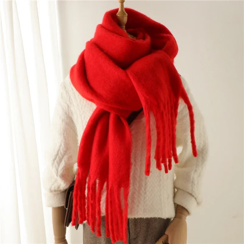 Women Warm Winter Cashmere Scarf | Thick Soft Tassel Shawl | Long Poncho | Echarpe | Pashmina Red
