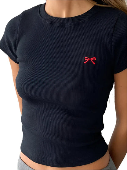 Women Summer Crop Top | Short Sleeve Bow Embroidery Ribbed T-Shirt Dark Blue