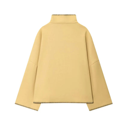 Women Short Jacket | Wide Shoulder | Vintage High Neck | Long Sleeve | Cape Coat