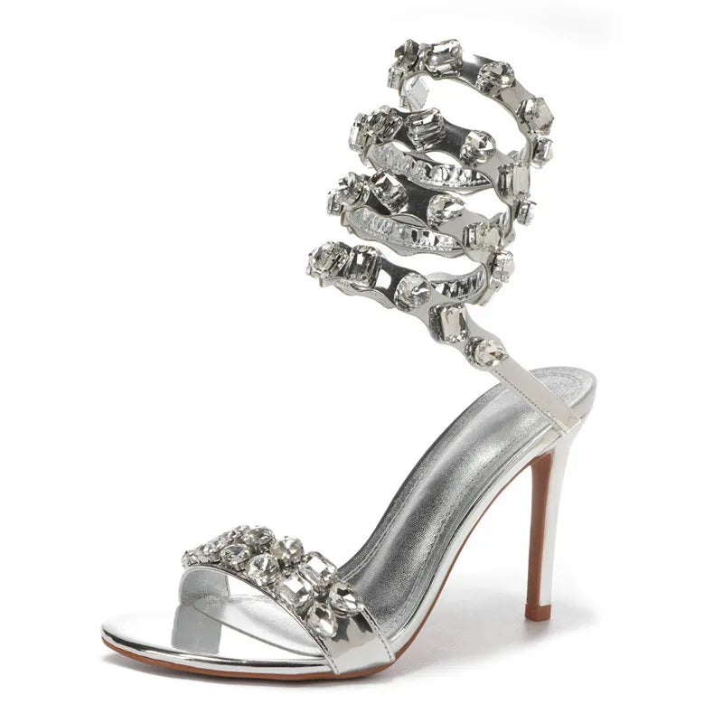 Women Luxury Crystal Embellished Snake Heels | Sandals | Stiletto High Heels | Gladiator Sandals | Summer Heels | Wedding | Party Silver