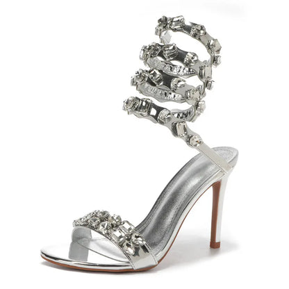 Women Luxury Crystal Embellished Snake Heels | Sandals | Stiletto High Heels | Gladiator Sandals | Summer Heels | Wedding | Party Silver