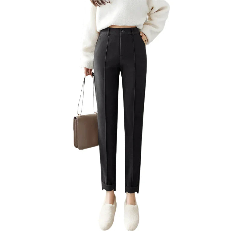 Women High Waisted Woolen Pants | Pencil Cut Trousers | Casual Office Suit Pants Black