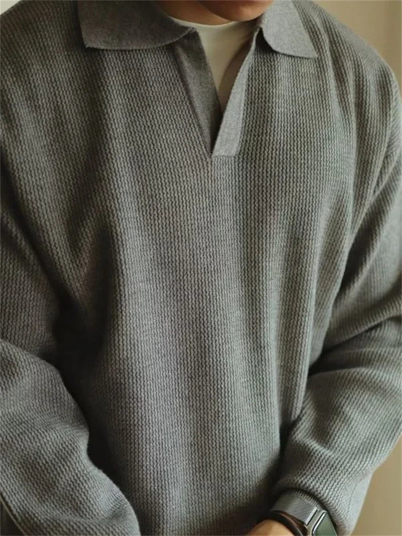 Men Polo Knitted Sweater | Long Sleeve V-Neck Casual Knitwear