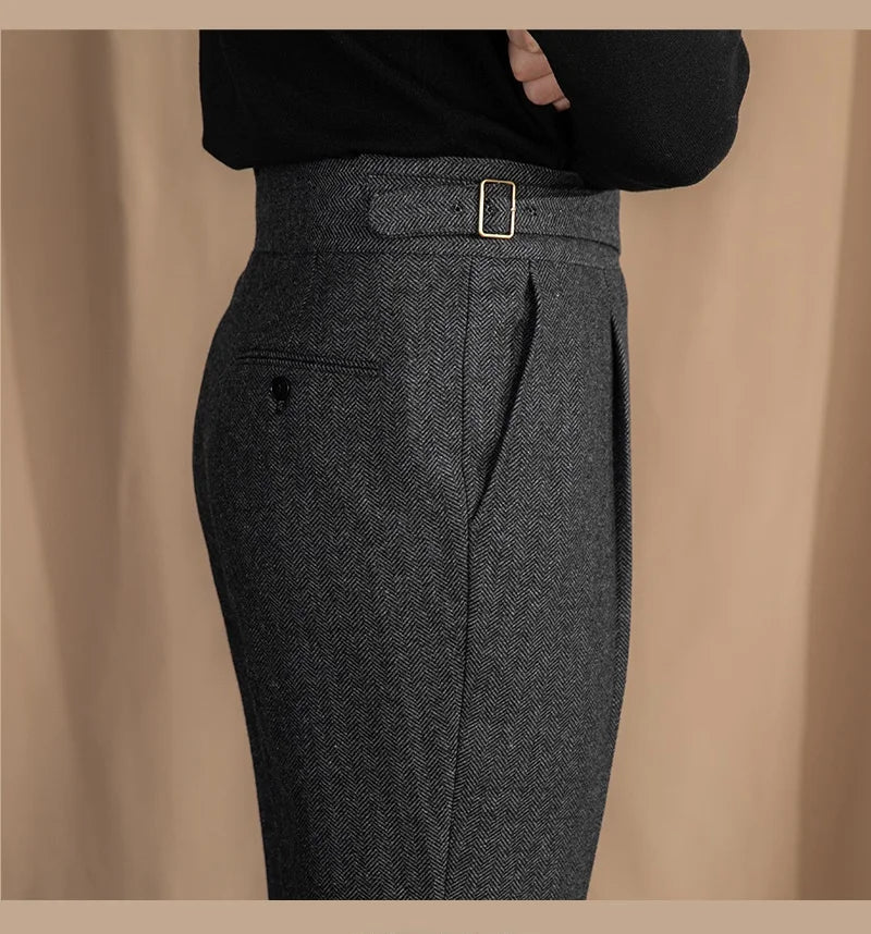 Men Vintage Wool Herringbone Pattern Pants | Casual | British | Warm | High Waist | Straight Pants