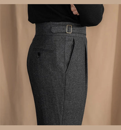 Men Vintage Wool Herringbone Pattern Pants | Casual | British | Warm | High Waist | Straight Pants