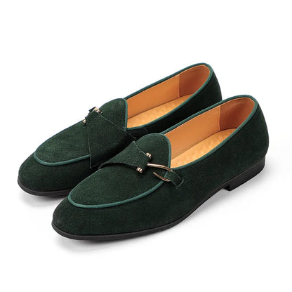 Men Suede Genuine Leather Shoes | Buckle Loafers | Moccasins | Light Comfortable Green