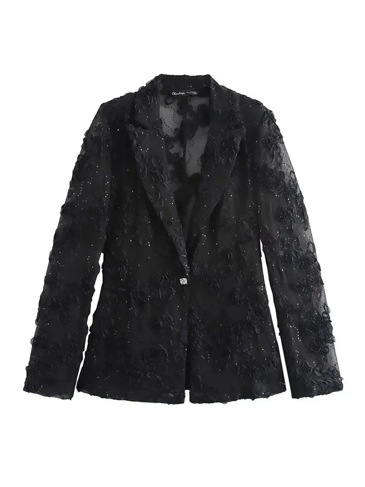 Women Semi Transparent Party Wear Suit Set | Sequin Decorative 2 Piece Blazer Top Set Only Blazer