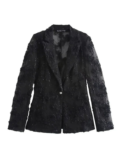 Women Semi Transparent Party Wear Suit Set | Sequin Decorative 2 Piece Blazer Top Set Only Blazer