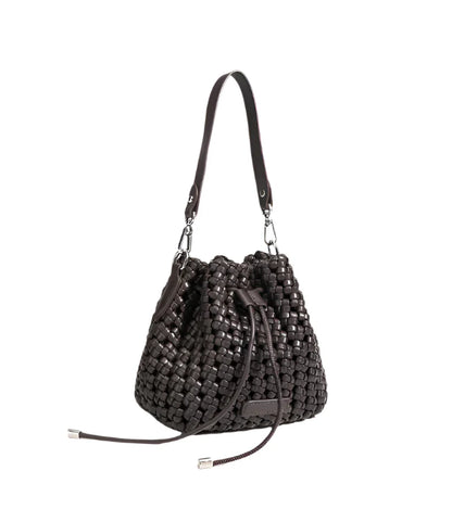Women Leather Hollow Cut Woven Crossbody Bag Dark Brown