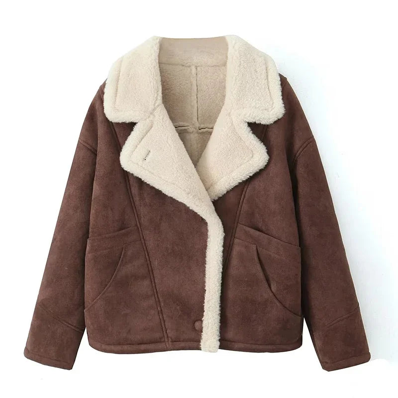Women Oversized Loose Shearling Jacket | Long Sleeves Fleece Jacket coffee